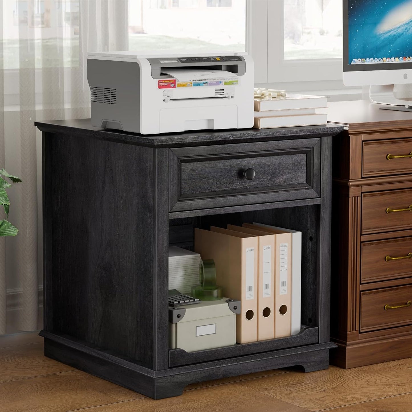 Lateral File Cabinet 3 Drawer File Cabinet with Charging Station, Printer Stand with Open Adjustable Storage Shelves, Lateral Filing Cabinet for Home Office, Black