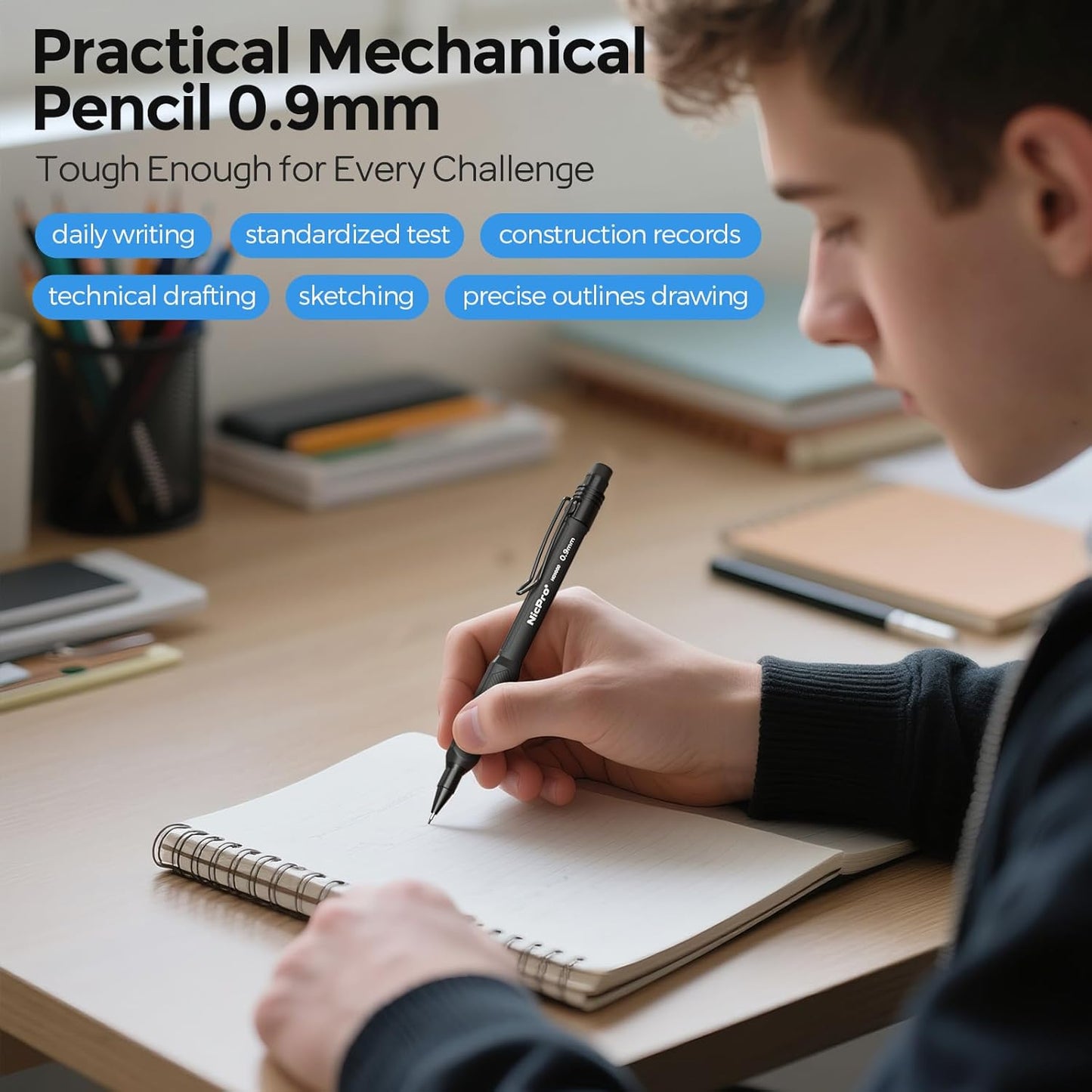 Nicpro Art Mechanical Pencil 0.9mm with Case, 3PCS HD1000 Hevey Duty Lead Pencils With 6 Tube HB 0.9 Lead Refill, Eraser, Weatherproof Barrel Pencil Set for Outdoor Writing Drafting Drawing Sketching