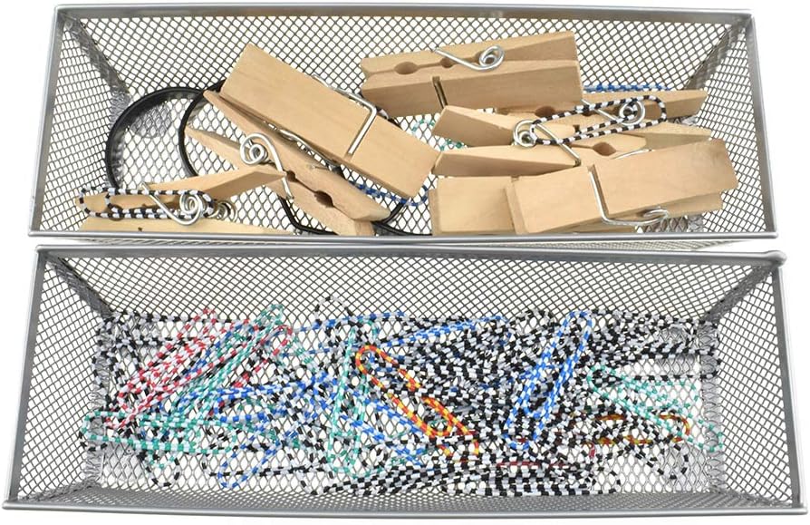 HAHIYO Stackable Mesh Tray Cup 9 x 3 x 2 inches Sturdy Container for Desk Drawer Organizer Collection for Home Office School kitchen Soft Foam Feet No Sharp Edges 2 Pack Silver