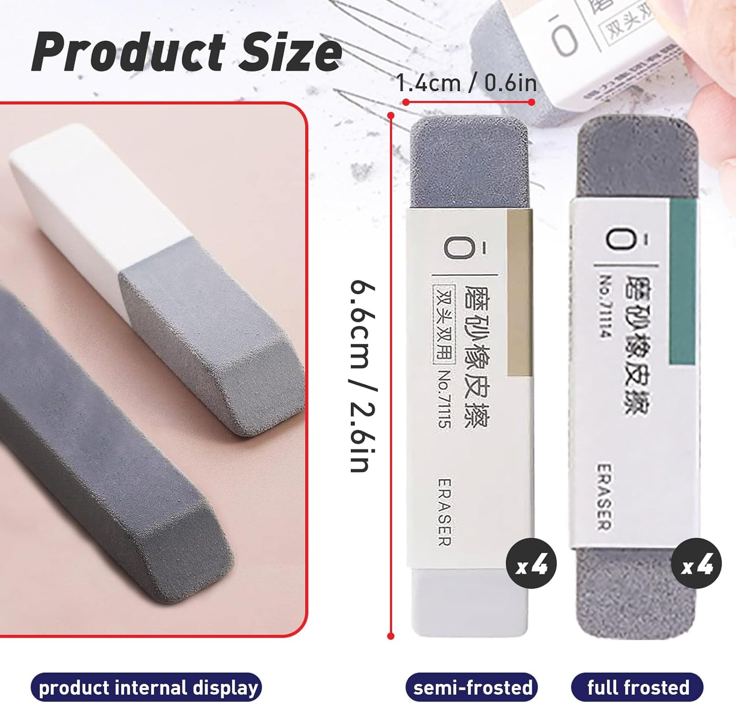 Premium Sand Erasers - Set of 8 Frosted Erasers for Pens, Fountain Pens, and Ink - Special School and Office Supplies for Correction - Colored Pencil and Ink Eraser