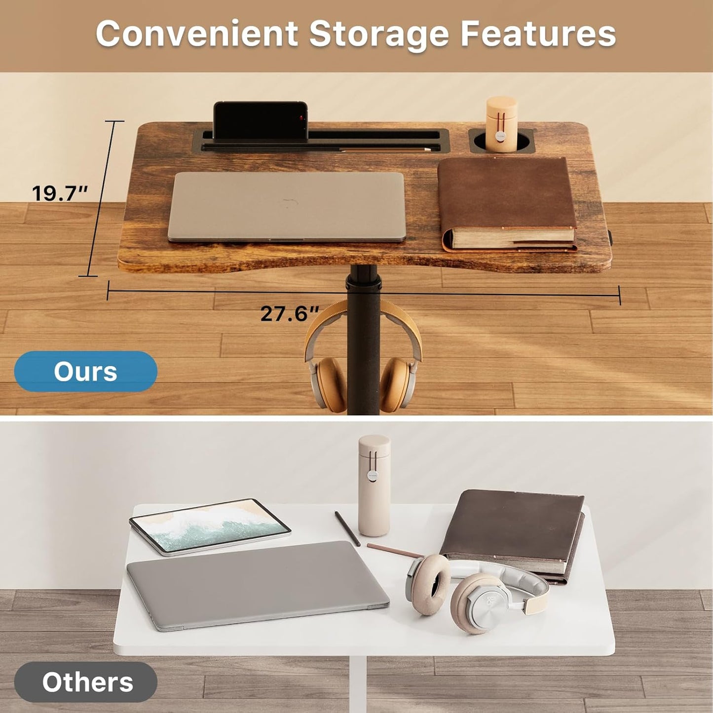 Mobile Standing Desk, 28 inch Rolling Standing Laptop Desk with Cup Holder, Mobile Desk Workstation with Wheels, Portable Computer Desk Cart with Hook for Home Office, Rustic Brown