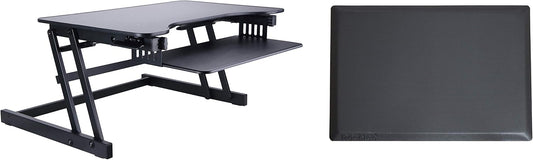 Rocelco 32" Height Adjustable Standing Desk Converter with Anti Fatigue Mat BUNDLE - Sit Stand Up Dual Monitor Riser - Computer Workstation - Large Retractable Keyboard Tray - Black (R ADRB-MAFM)