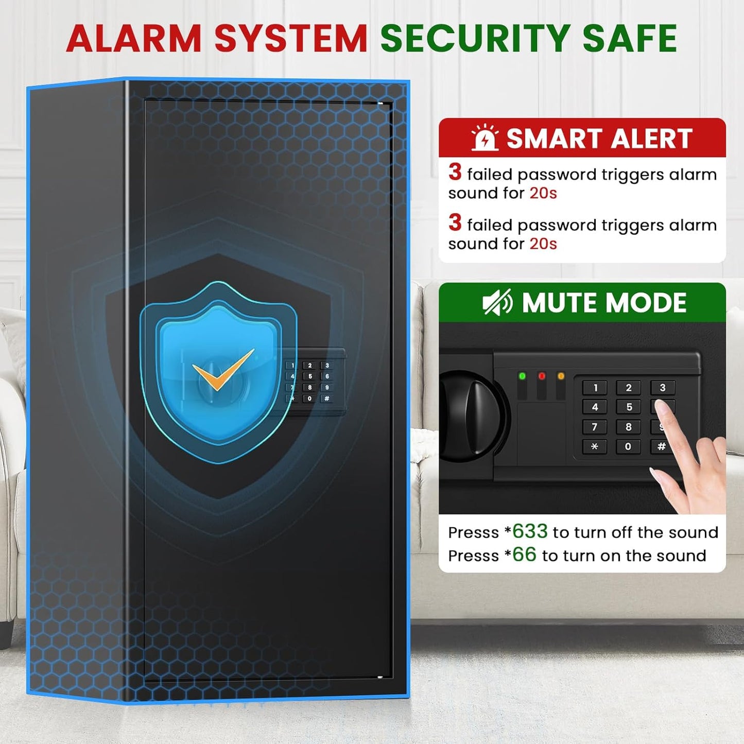 5.8 Cub Large Fireproof Safe, Home Safe Water and Fireproof, Large Document Safes With Digital Combination Lock, Smart Alert, Removable Shelf, LED Light, Fireproof Safes for Money Jewelry Valuables