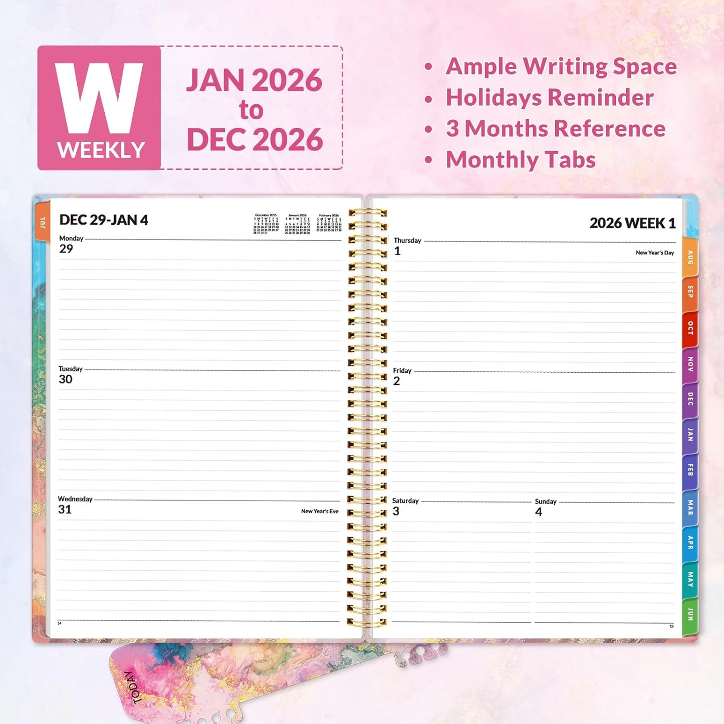 SUNEE 2026 Weekly and Monthly Planner - from January 2026 - December 2026, 8.5"x11" Daily Agenda Planner with Monthly Tab, Flexible Cover, Note Pages, Pockets, Bookmark, Spiral Binding, Pink Marble