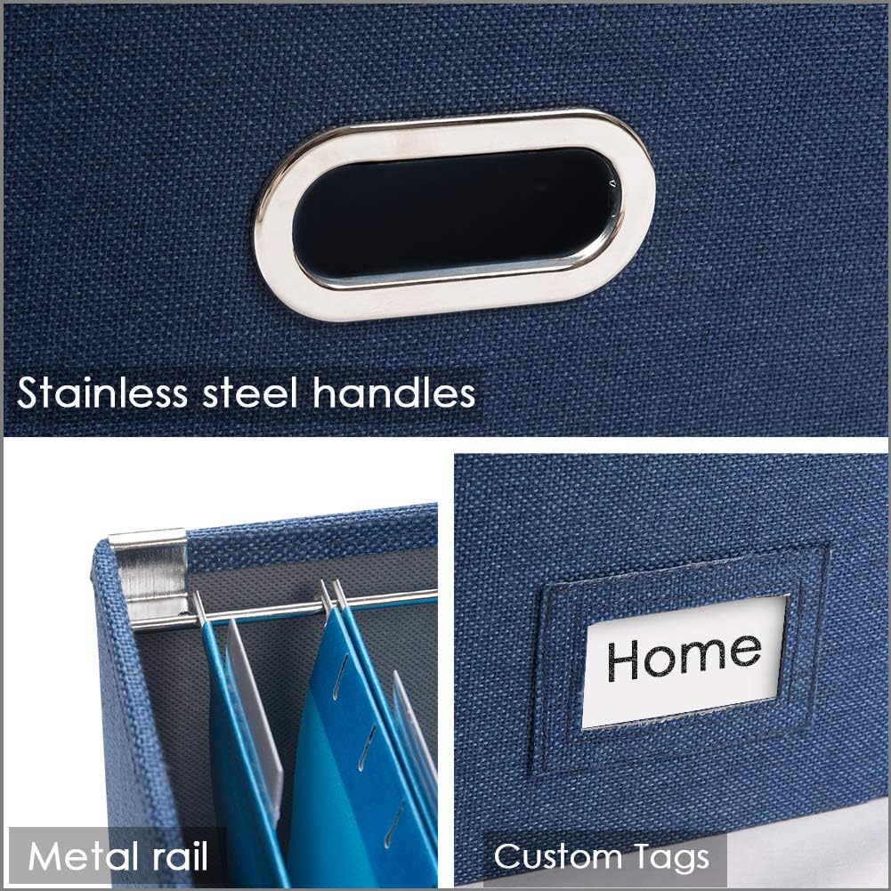 PRANDOM File Organizer Box - Set of 1 Collapsible Decorative Linen Filing Storage Hanging File Folders with Lids Office Cabinet Letter Size Navy Blue (14x9.3x10.8 inch)