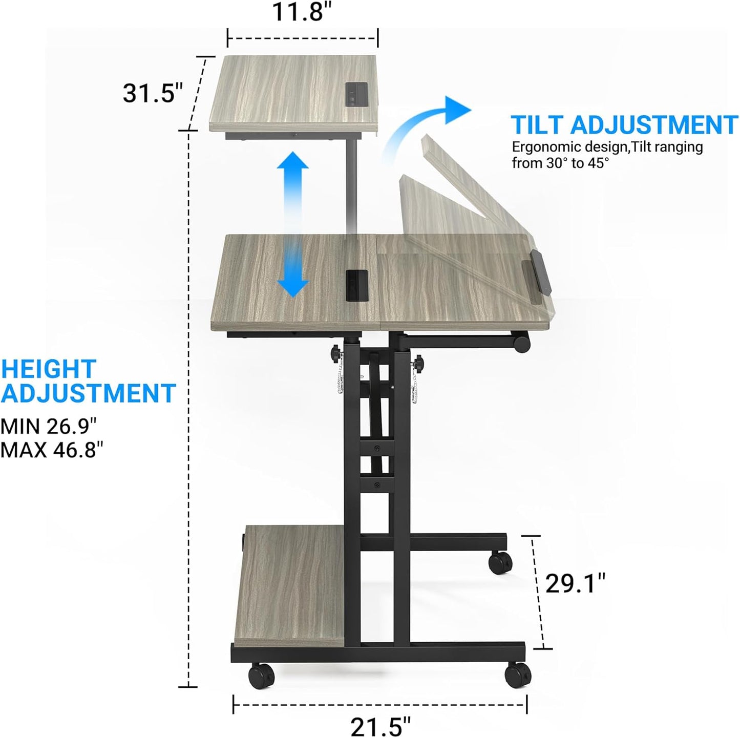 Mobile Standing Desk, Adjustable Rolling Computer Desk with 3 Desktops, Portable Laptop Table with Cup Holder, Home Office Laptop Workstation on Lockable Wheels, Grey Oak