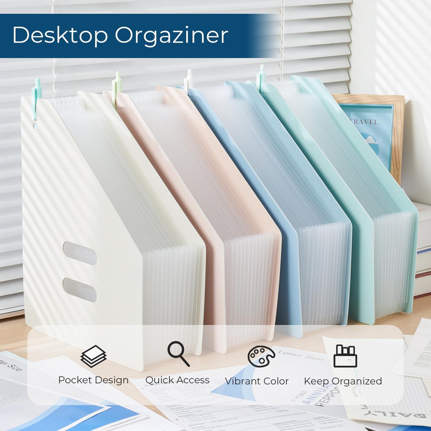 Y YOMA 2 Pack Expanding Magazine Holder with 13 Pockets | Portable Desktop Plastic Self Standing Accordion File Organizer for A4 Letter Size Document Storage Home Office School, Grey