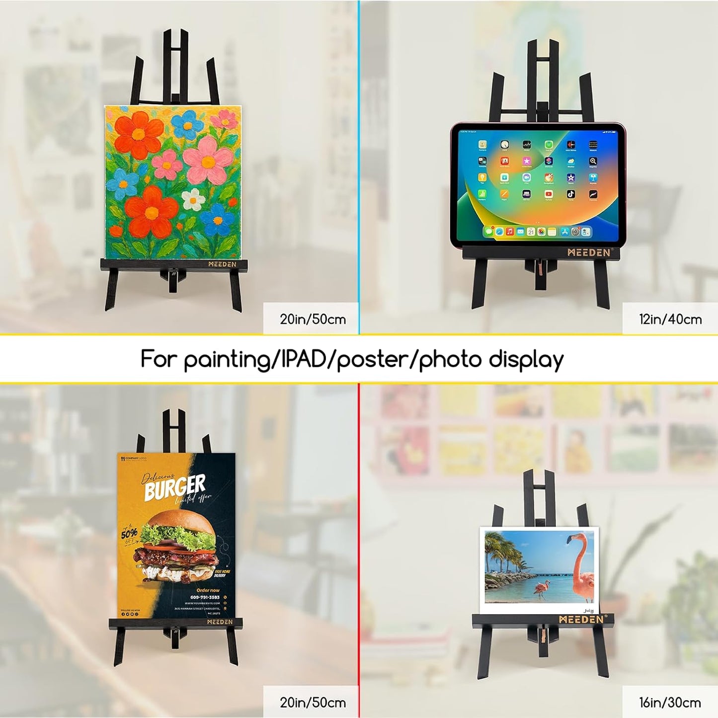 MEEDEN Small Tabletop Easel Stand: 16" x 12 Pack Pine Wood Table Top Display Stand for Painting - Black Mini Wooden Easel for Sign Picture Party Classroom