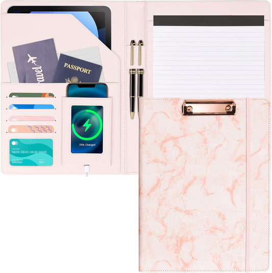 Ospelelf Pink Padfolio for Women Storage Clipboard Folio with Notepad Leather Portfolio Binder for Teacher