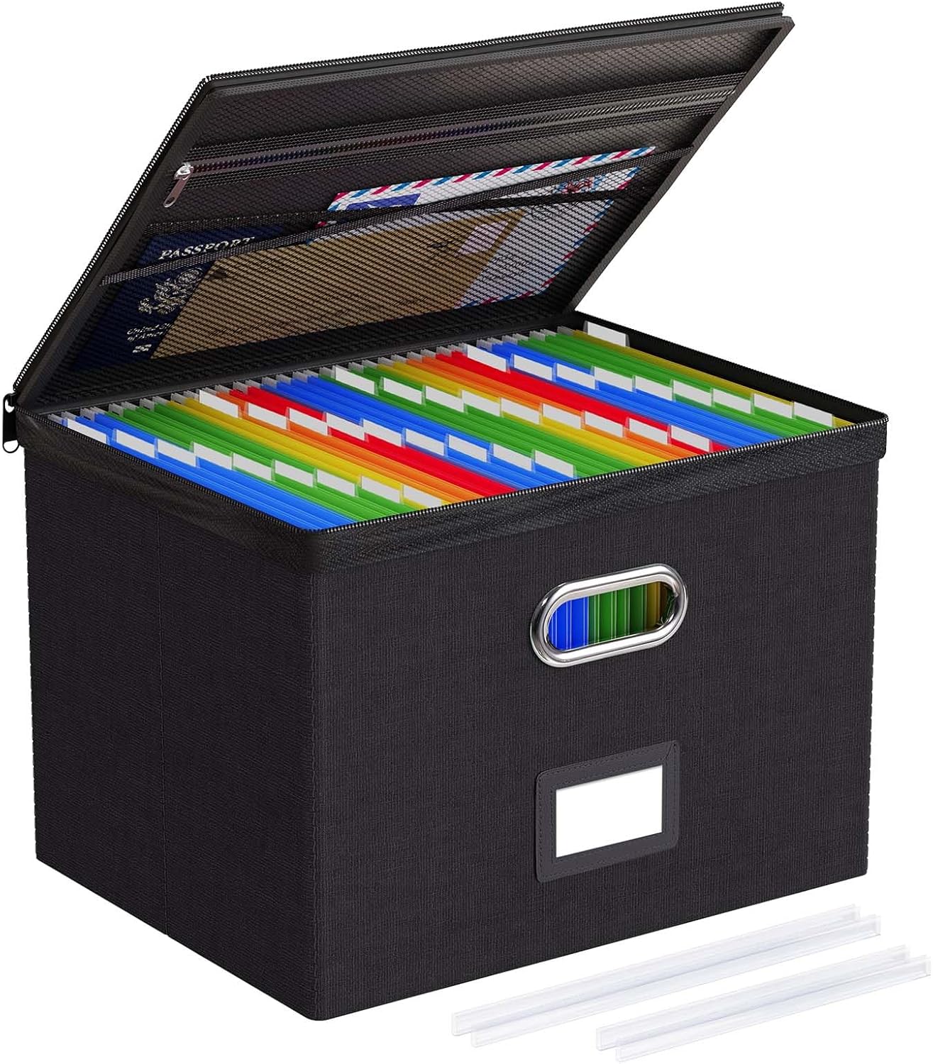 Oterri 1 Pack Large File Organizer Boxes with Lids, File Box with Mesh Pockets, Document Organizer Box for Legal/Letter Size Folders, Zippers Important Document Organizer (Black, Without Folders)