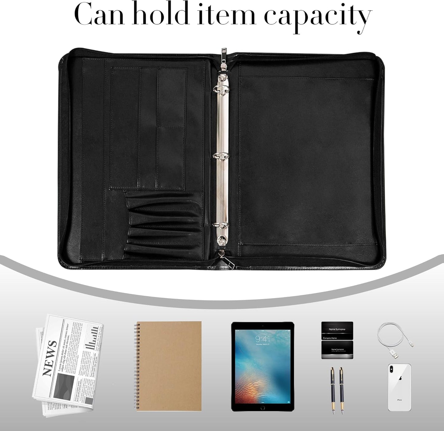 Padfolio with Zipper, Portfolio Binder, Leather Portfolio with Zipper for Men Women, Portfolio Organizer, Padfolio Business Resume A4/Pad, Black