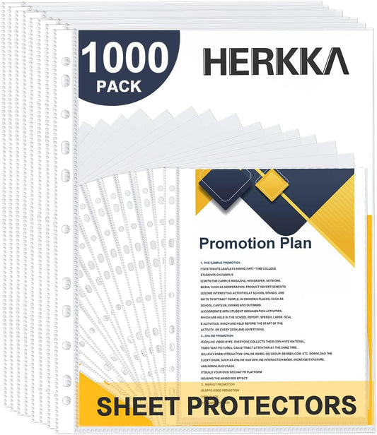 Sheet Protectors, HERKKA 1000 Pack Heavy Duty Clear Plastic Page Protectors Sheet Reinforced 11-Hole Fit for 3 Ring Binder Fits Standard 8.5 x 11 Paper, 9.25 x 11.25 Top Loaded, Acid Free