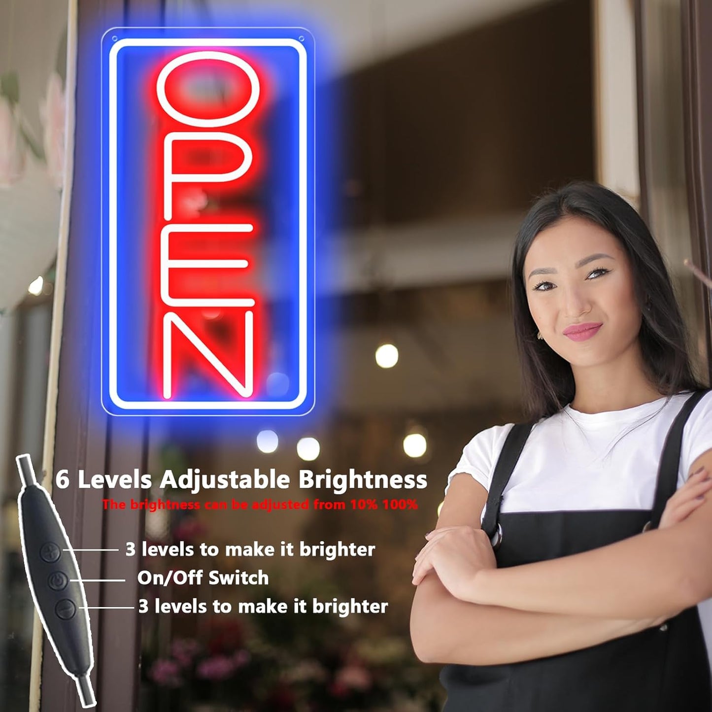 Led Neon Open Signs for Business,16.5"X 9" Ultra Bright Open Signs, Powered by 12V/2A AC Adapter, 6 Levels Adjustable Bright Led Neon Open Sign for Bar Salon Coffee Stores Club Hotel (Vertical)