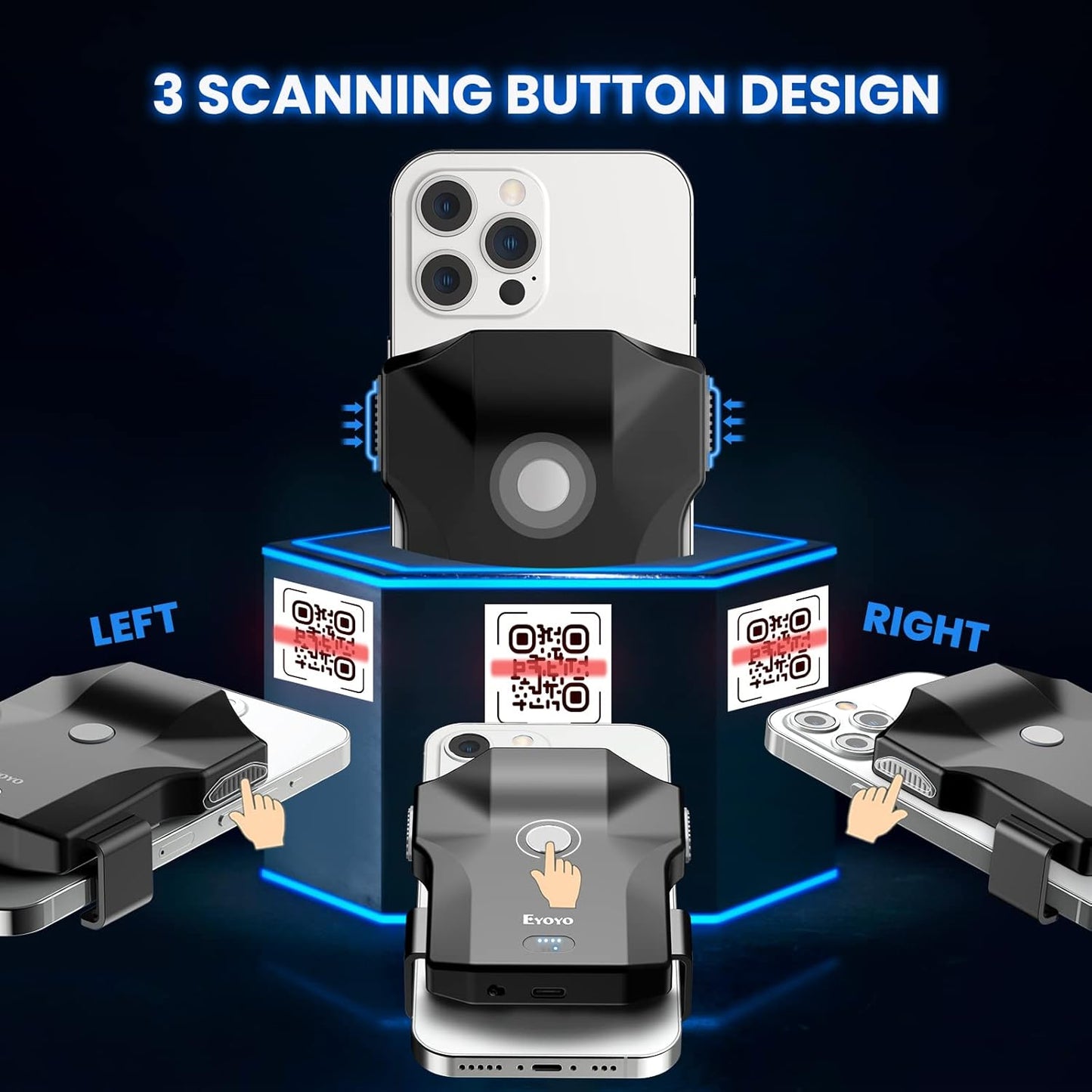 Eyoyo Bluetooth QR Code Scanner, 2D Wireless Back Clip Phone UPC USB Barcode Scanner Reader with Battery Level Indicator Compatible with 4.7"-7.2" Android Phone, iPhone for Book Library Inventory