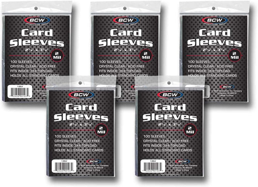 BCW Standard Card Sleeves - 2-5/8" x 3-5/8" - 5 Packs (500 Total) | Crystal Clear Acid-Free, Toploader | Trading Card Sleeves for Baseball, Basketball, Football, Hockey, Pokemon, MTG, etc