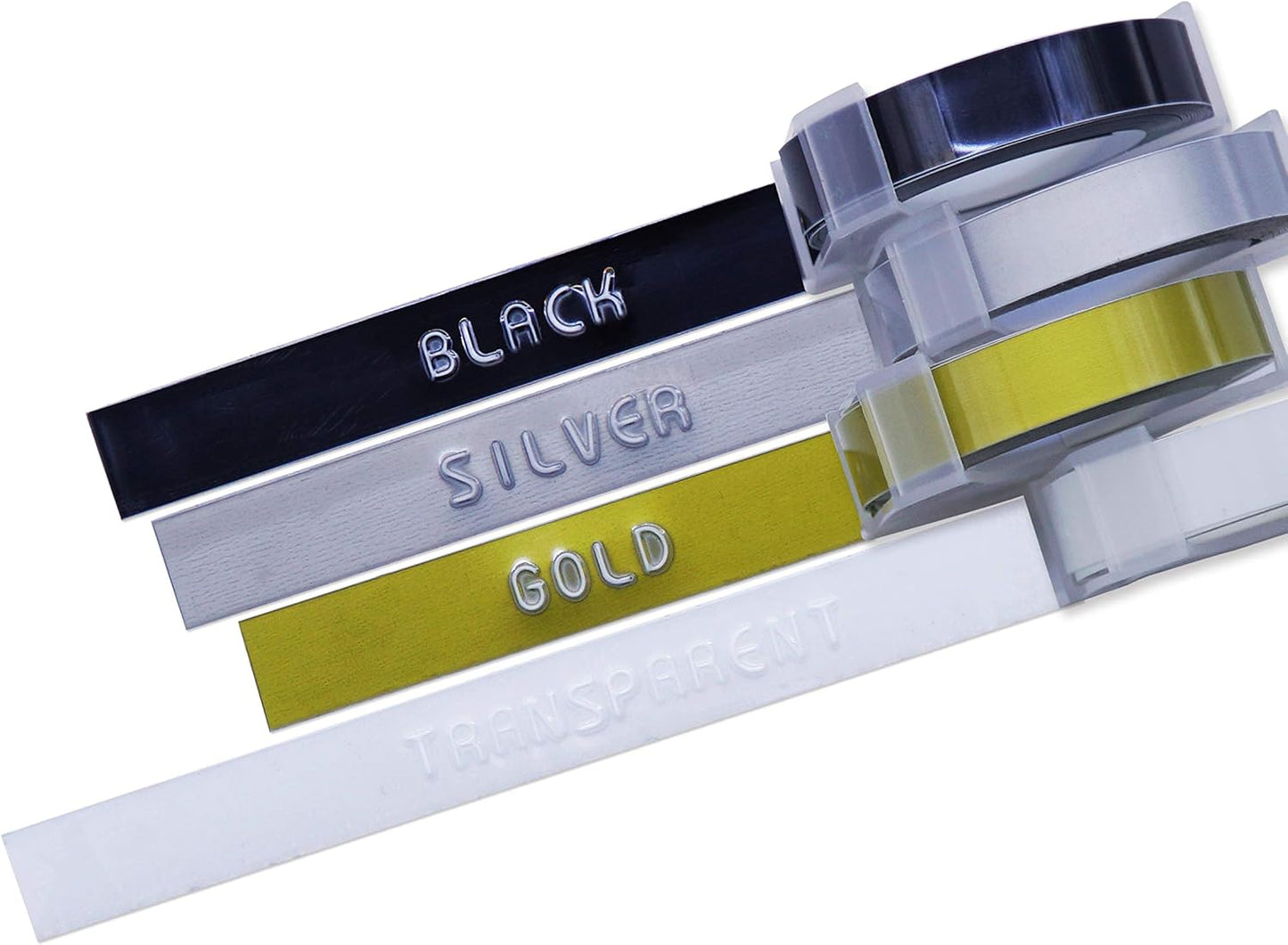 Motex Refill Tape for Embossing Label Maker, 4 Color Tapes, 3/8-Inch (Black, Transparent, Gold, Silver)