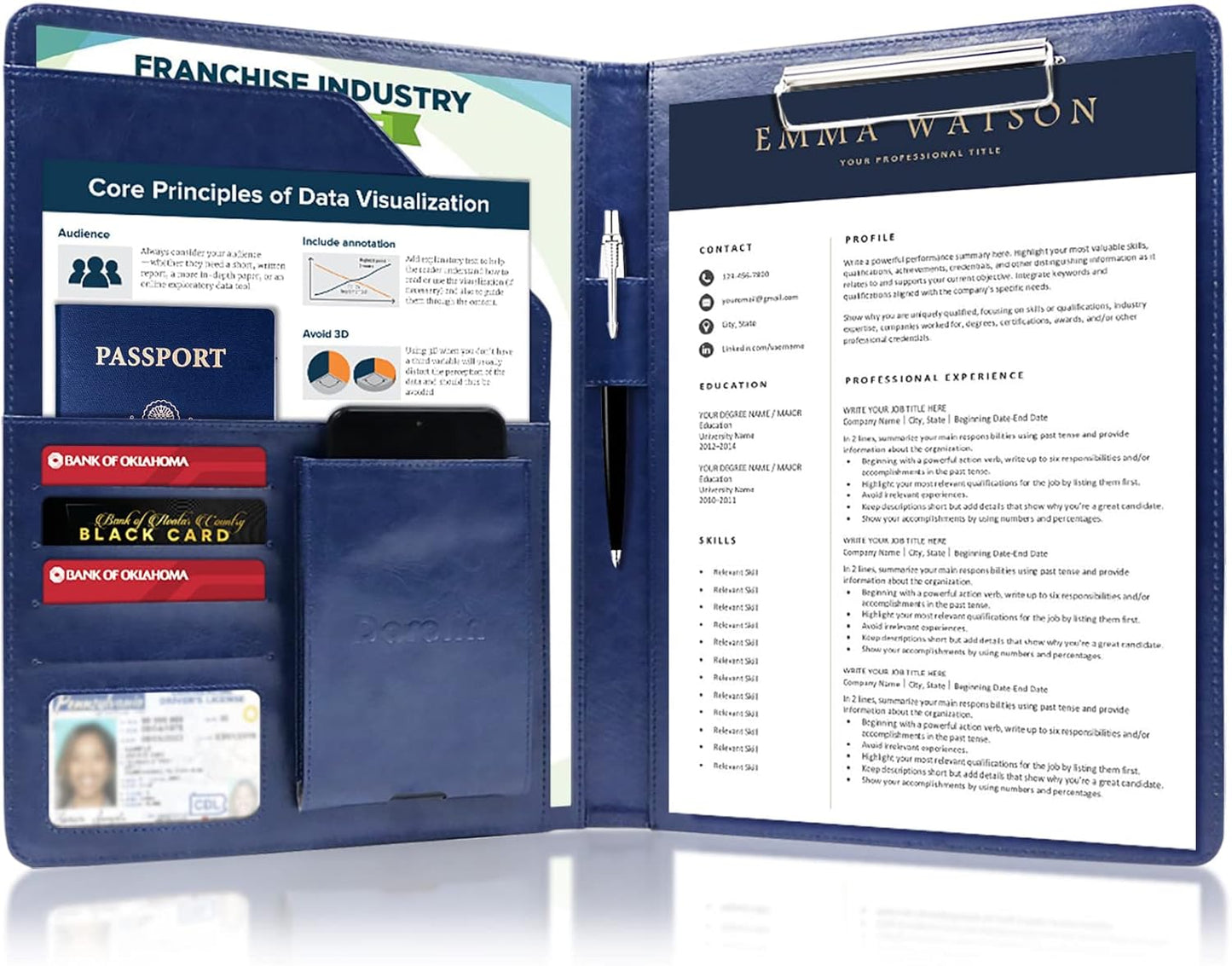 Darolin Business/Resume Padfolio Portfolio Folder with Letter/A4 Size Clipboard, Interview/Conference/Legal Document Organizer, Premium Portfolio Professional Case, Padfolio for Women/Men-Blue