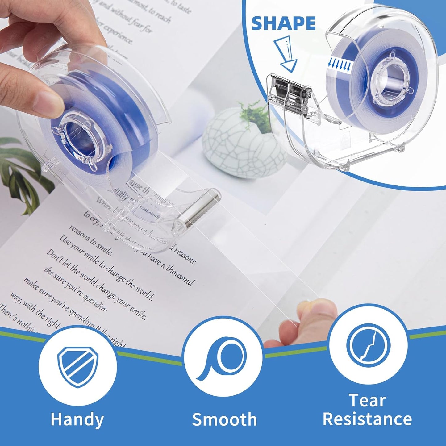 8 Pcs Transparent Tape with Dispenser, 0.7 x 1000 in Blue Core Clear Tape Rolls Bulk, Office Tape Refills for Desk, Craft, and Gift Wrapping