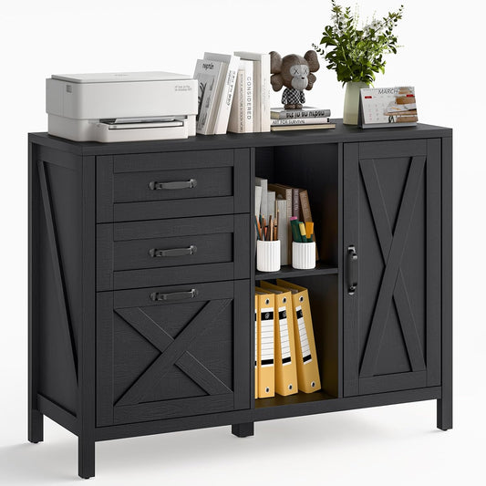 Lateral File Cabinet with 3 Drawers and Door, Farmhouse File Cabinet with Adjustable Shelf for Letter/A4 Size Hanging Files, Printer Stand with Storage Cabinet for Home Office Furniture, Black