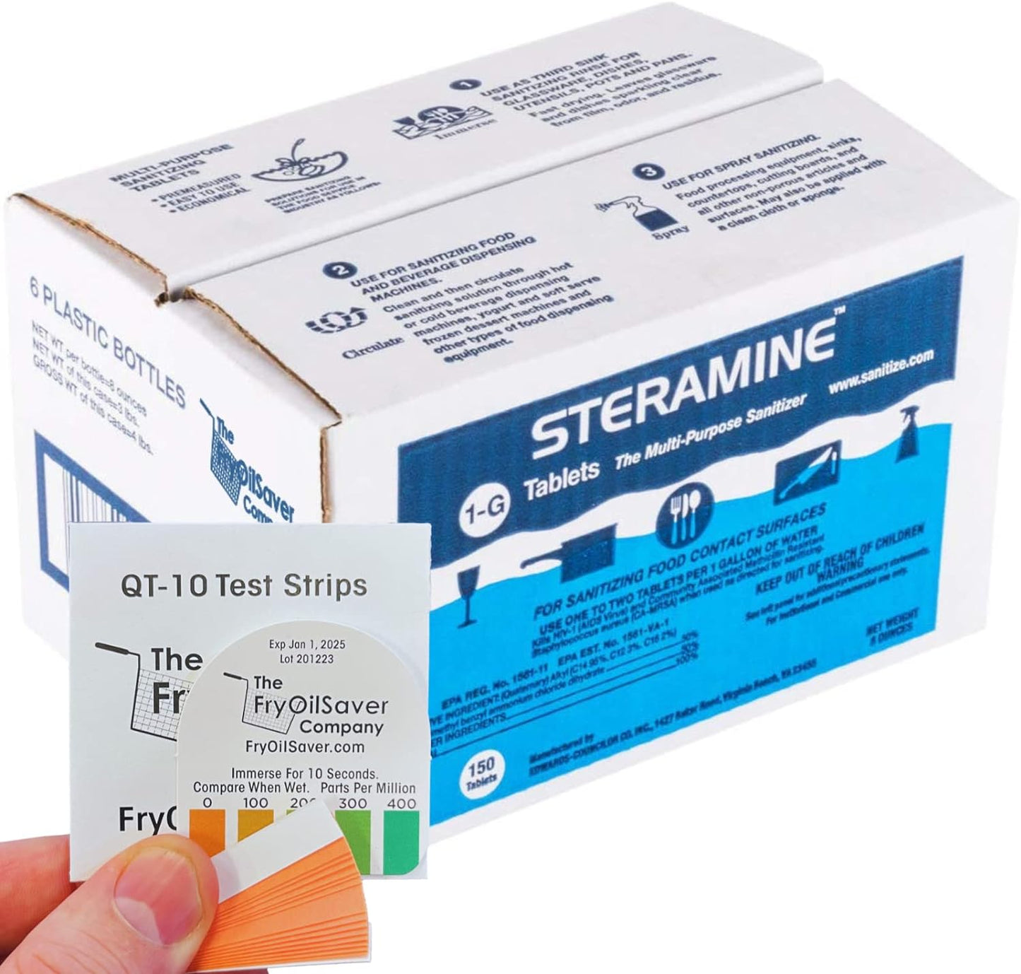 6 Bottles Steramine Sanitizer Tablet w/ 15 QT-10 Test Strip, Multi Purpose Steramine Sanitizing Tab for Food Contact Surface, Kitchen, Restaurant, Diner & Food Service by FryOilSaver Co. (900 Tablets)