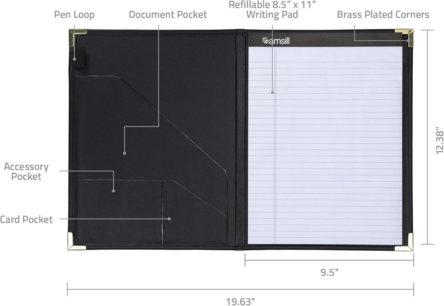Samsill Classic Collection Business Portfolio - Executive Padfolio for Resume & Document Organizer - 8.5 by 11-Inch Legal Pad, Faux Leather with Brass Corners (Black)
