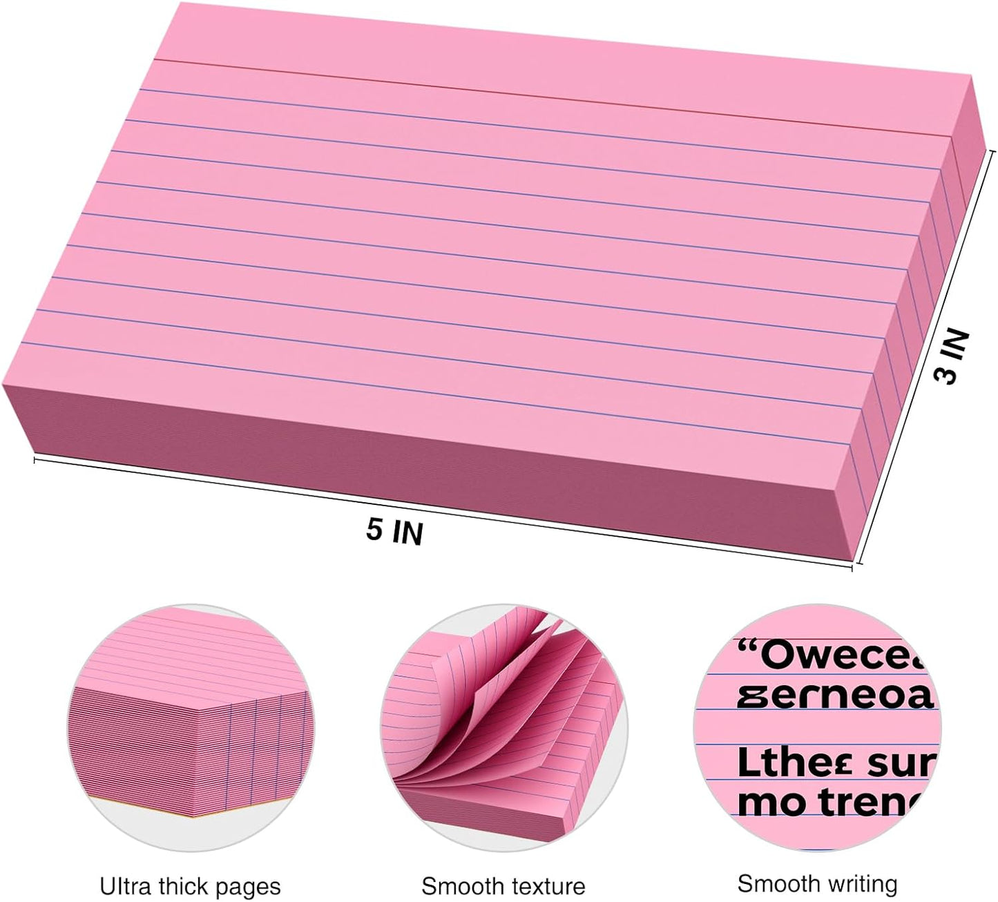 250 Count Index Cards 3x5 Inch 180gsm, Heavy Weight Pink Color Flash Card (50 Sheets Each), Note Taking for Students, Teachers, Professionals, Study Note Cards for Office Home School