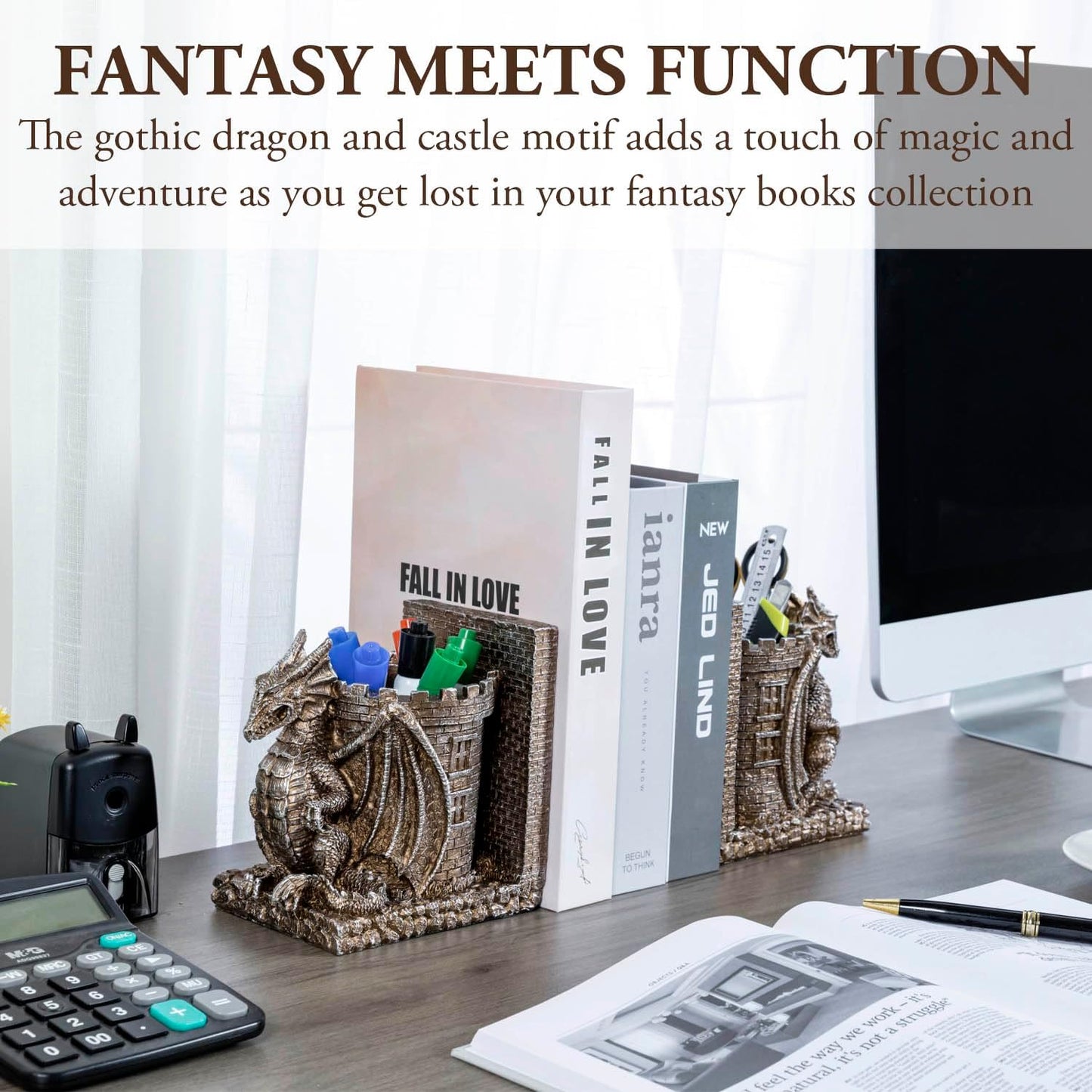 MyGift Gothic Brown Resin Dragon Guarding Castle Pencil Cup Bookends, Office Desk Book Ends with Decorative Fantasy Dragons and Stone Tower Pen Holders, 1 Pair