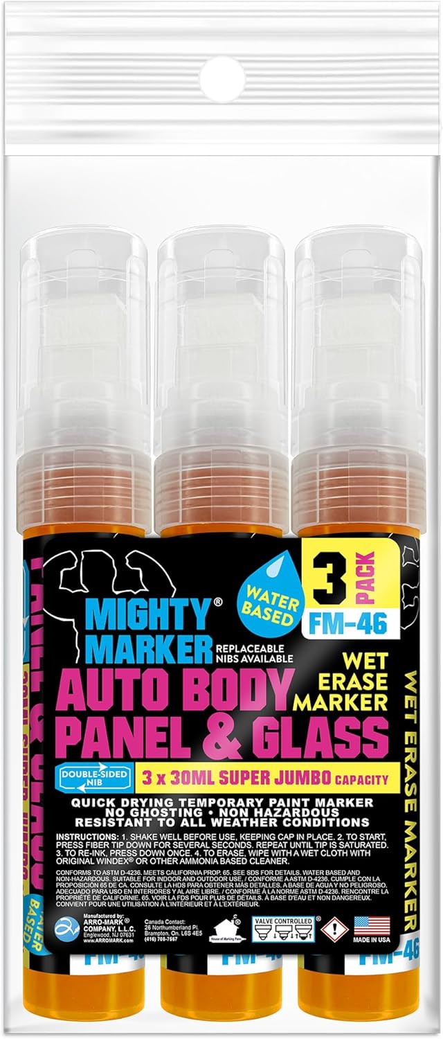 FM-46 Auto Body and Glass Super Jumbo Paint Marker, No-Ghost Formula, Water-Resistant, Valve Action, Removable, Water-Based, 30ml Capacity, Made in USA, Orange 3 Pack