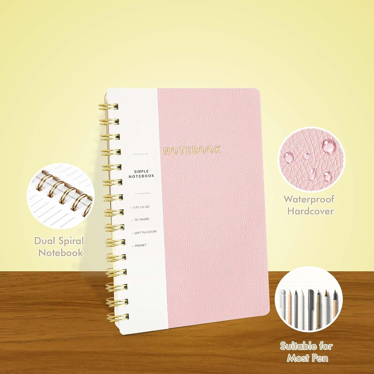 Lined Spiral Notebook College Ruled A5 Journal Book for Note Taking, 160 Pages Writing Journal for Office and Home School Supplies 5.75x8.125 inch (1Pink)