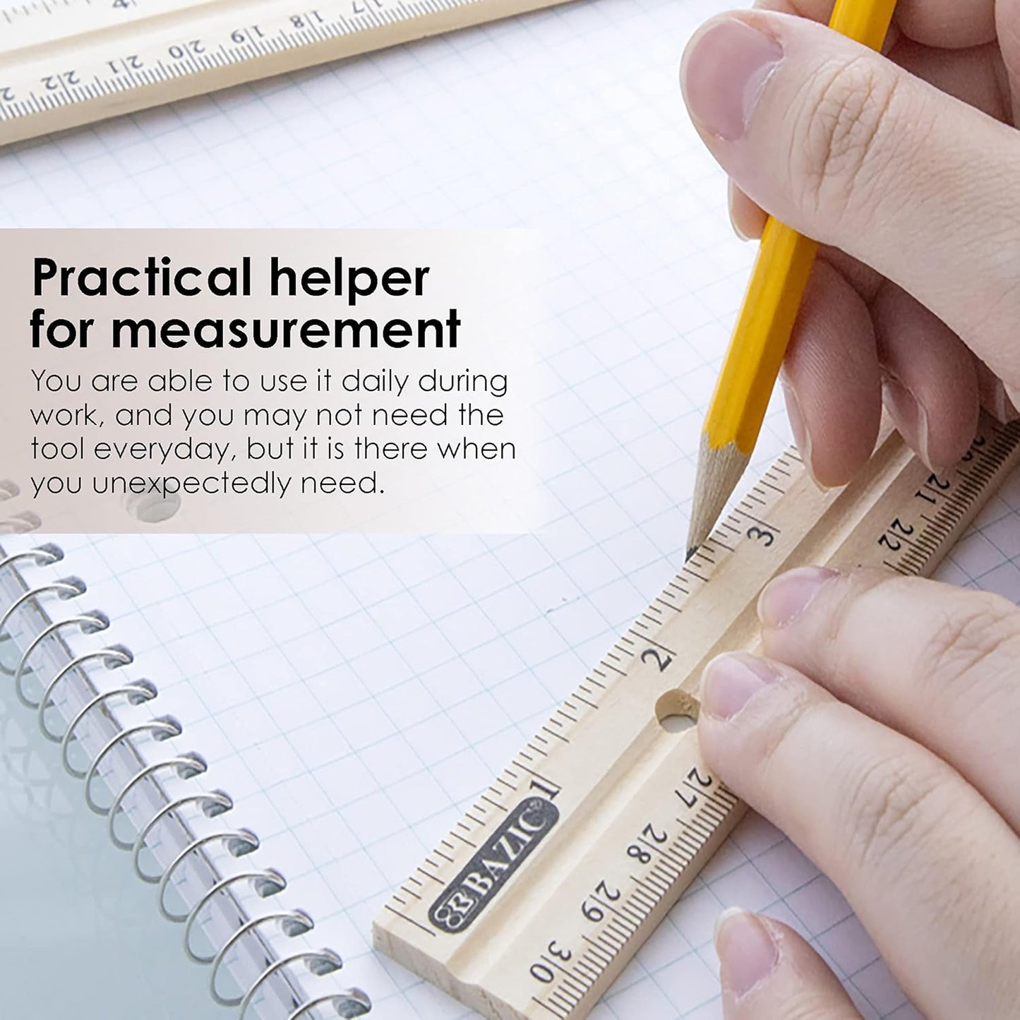 BAZIC Wooden Ruler 12" (30cm), Singel Metal Edge, Inches Centimeter Metric Measuring Drafting Rulers, for Students School Supplies (3/Pack), 1-Pack