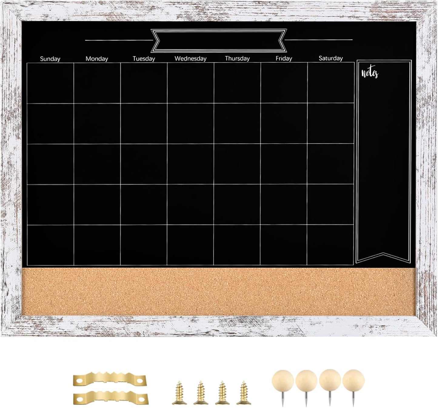 TORASO Magnetic Chalkboard Calendar Corkboard, Small Combination Chalk Board Bulletin Board, 13" x 17", Vintage White Framed Blackboard Calendar Cork Combo Board(ZHHB-Wood WH-3343)
