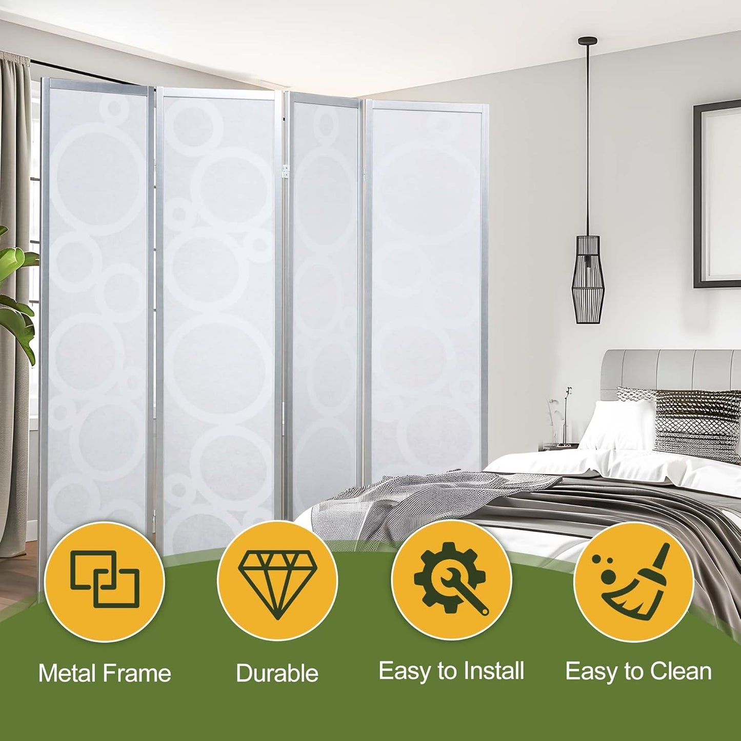 NicBex Room Divider 4 Panel Room Dividers with Circle Pattern Partition Room Dividers and Folding Privacy Screens Wall Divider for Home, Office, Room Separation,70" W x 1" D x 70" H, White+Silver