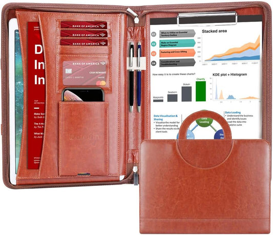 Darolin Zippered Leather Padfolio Portfolio with Hidden Handle and Clipboard, Business Conference Organizer Notepad Folder, Portfolio Bag, Padfolio for Women/Men (Brown)