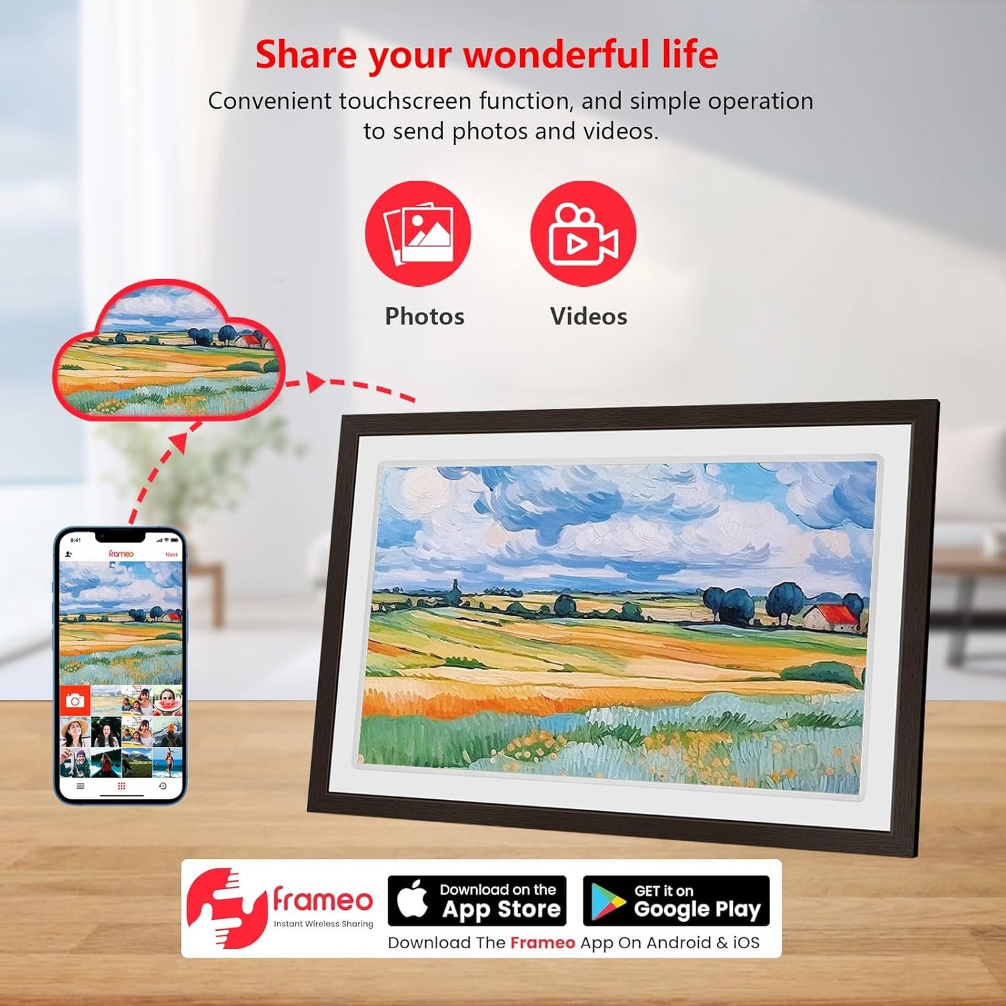 Touch Screen FRAMEO Digital Picture Frame 32GB Storage WiFi Smart 21.5 inch Photo Frame, FHD IPS Auto-Rotate, Attach Wall mounting Bracket Share Photos or Videos Instantly via Frameo APP