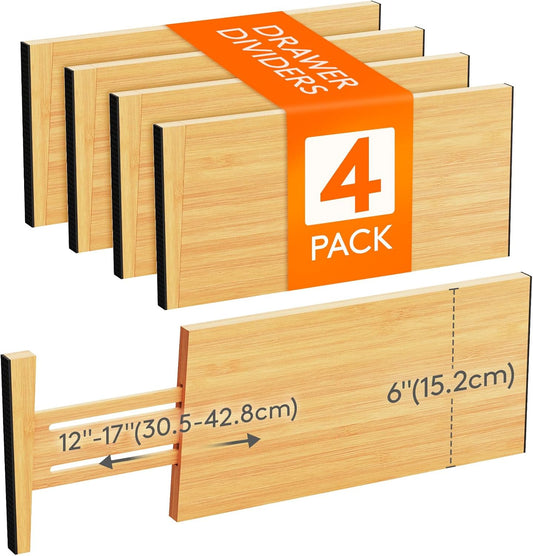 Lifewit 4 Pack Drawer Dividers Bamboo 6" High, 11-17" Adjustable Drawer Organizers for Clothes, Expandable Dresser Separators in Bedroom/Bathroom/Kitchen/Fridge/Office Organization and Storage