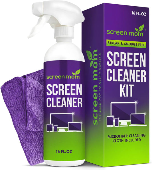 Screen Mom Screen Cleaner Spray and Microfiber Cloth 16oz Screen Cleaner Spray and Wipe for TV, Laptop, Computer, Phone, iPad, Car Screen Cleaning Kit Electronic Cleaner Spray