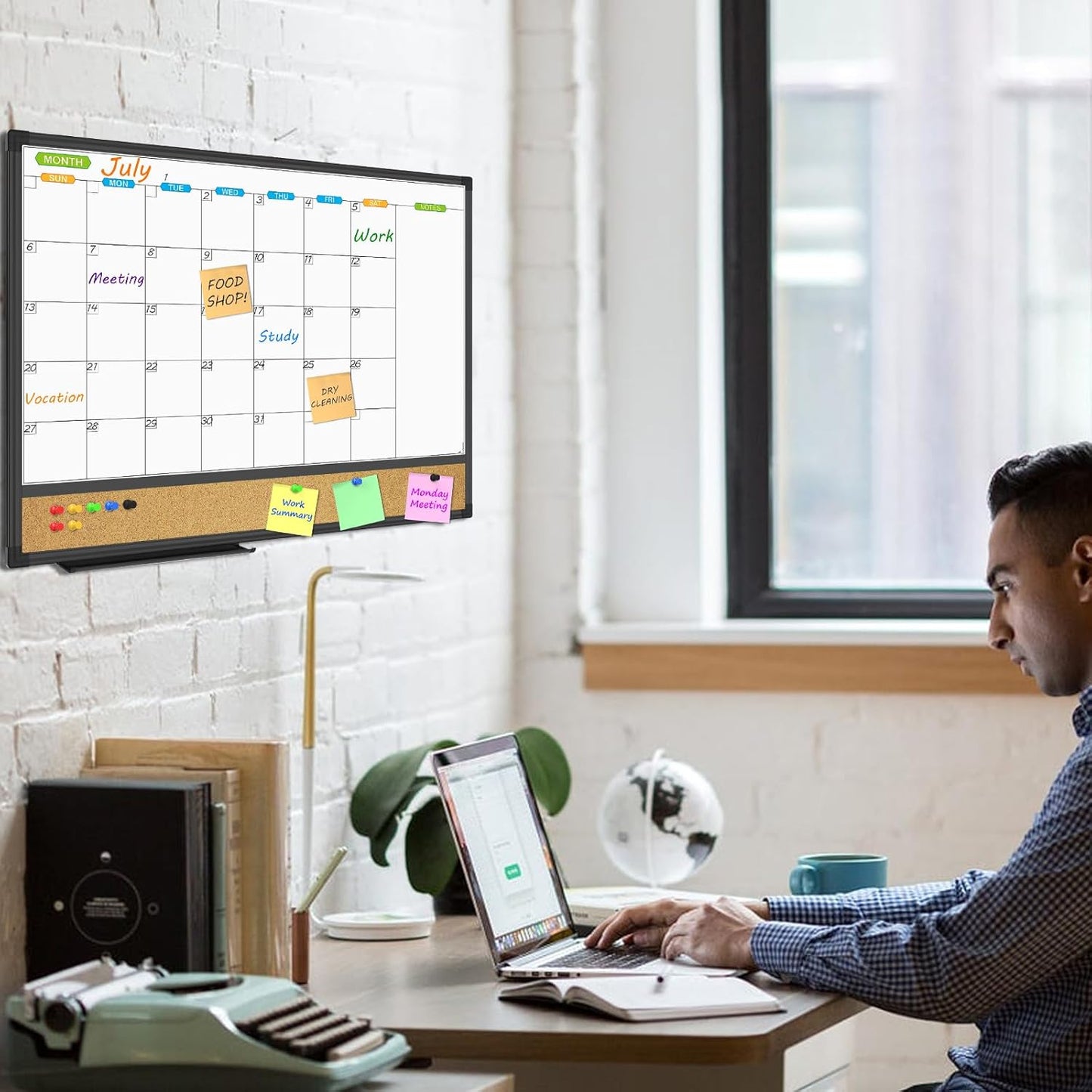 JILoffice Magnetic Calendar Whiteboard & Bulletin Corkboard Combination, Combo Board 24 x 18 Inch, Black Aluminum Frame Wall Mounted Board for Office Home and School with 10 Push Pins