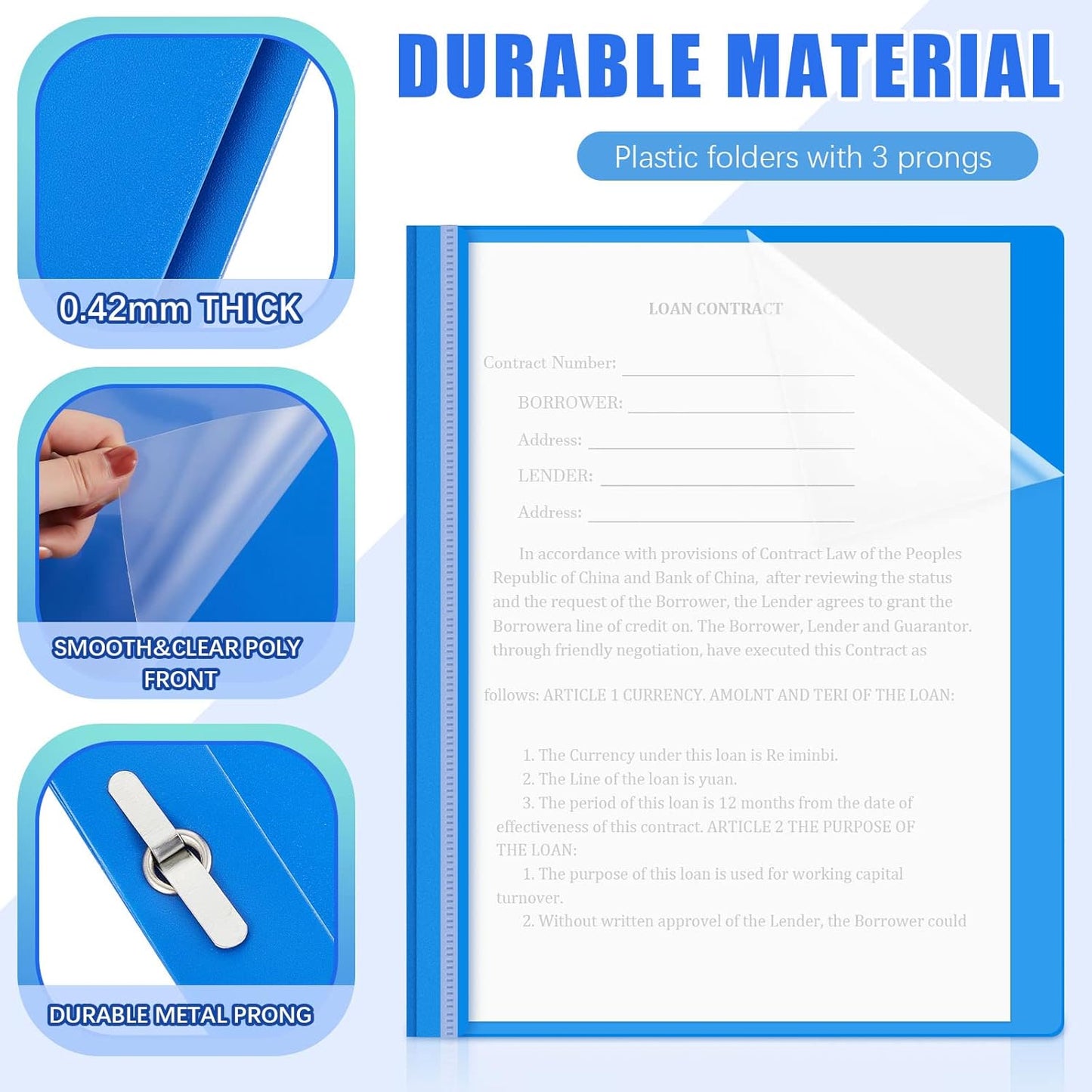 Teling 100 Pcs Plastic Report Covers with 3 Prong Fasteners 11.42 x 9.45 Inch Clear Front Report Covers Bulk Presentation Folders for School Document(Blue)