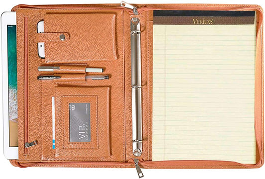 Professional Leather Business Padfolio Portfolio Case, 3 Ring Binder,Zippered Business Document Organizer Tablet Holder Folder Case,with Letter Size Notepad (Brown)