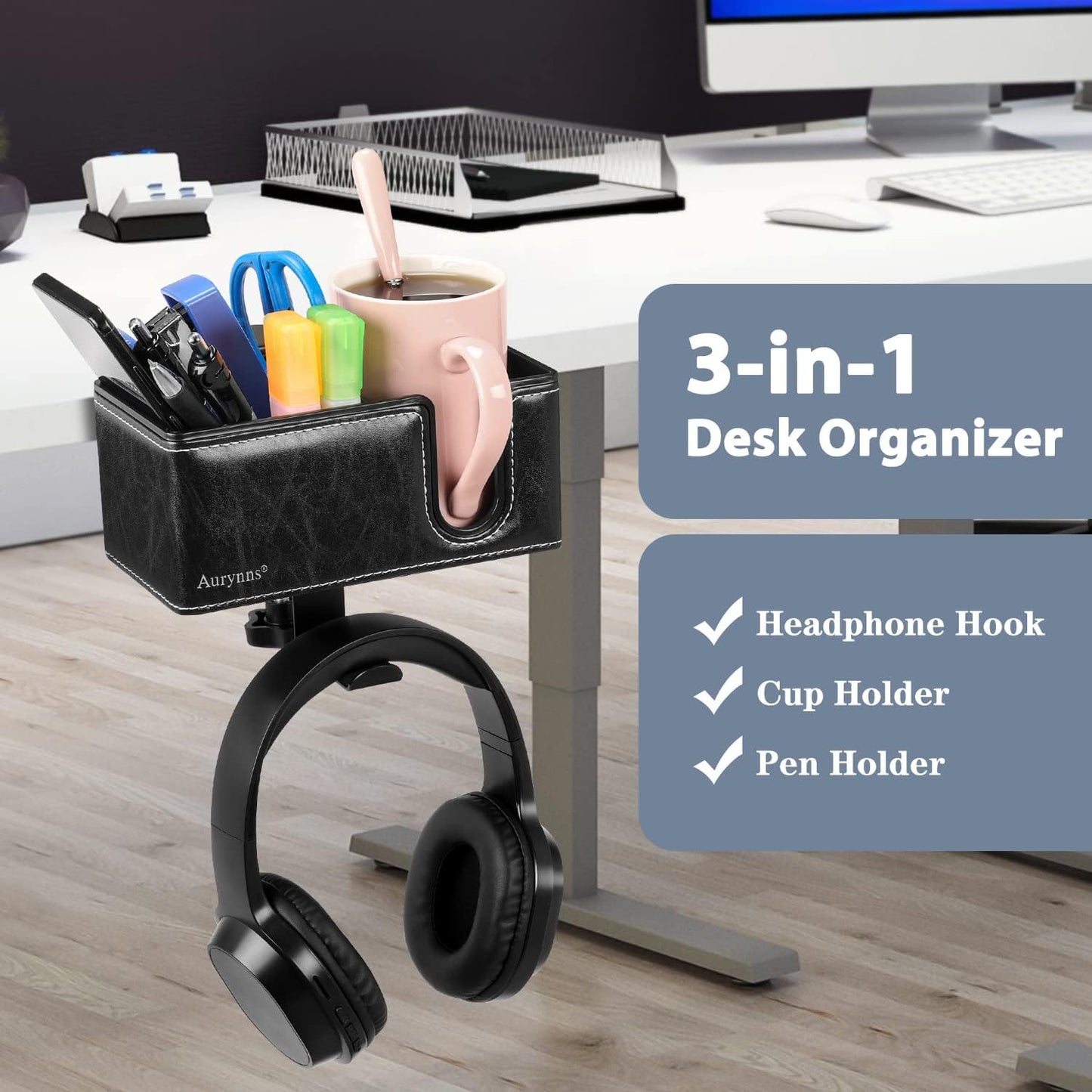 Desk Cup Holder Clip on Pen Holder Headphone Hanger Headset Stand Rotatable Clamp Hook Under Desk (Black)