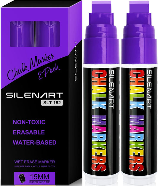 SILENART Purple Chalk Markers - 15mm Jumbo Tip Car Marker - Wide Thick Window Chalk Pen for Chalkboard, Window, Glass, Mirror, Blackboard