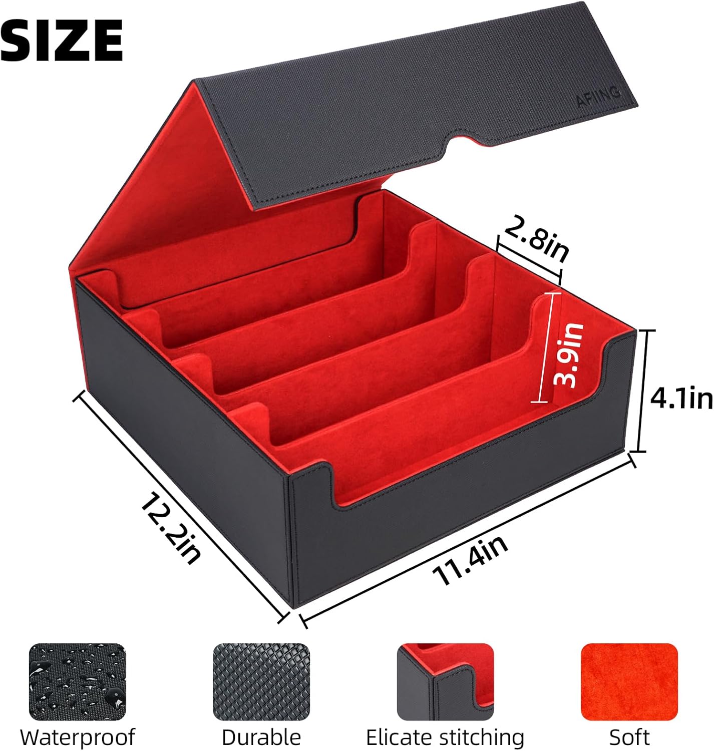 AFIING Trading Card Storage Box, MTG Deck Box with 48 Dividers & Supporters, Commander Card Deck Case Fits for Magic Game Cards, YugiOh, TCG, baseball and Sport Cards, Black Red 3200+