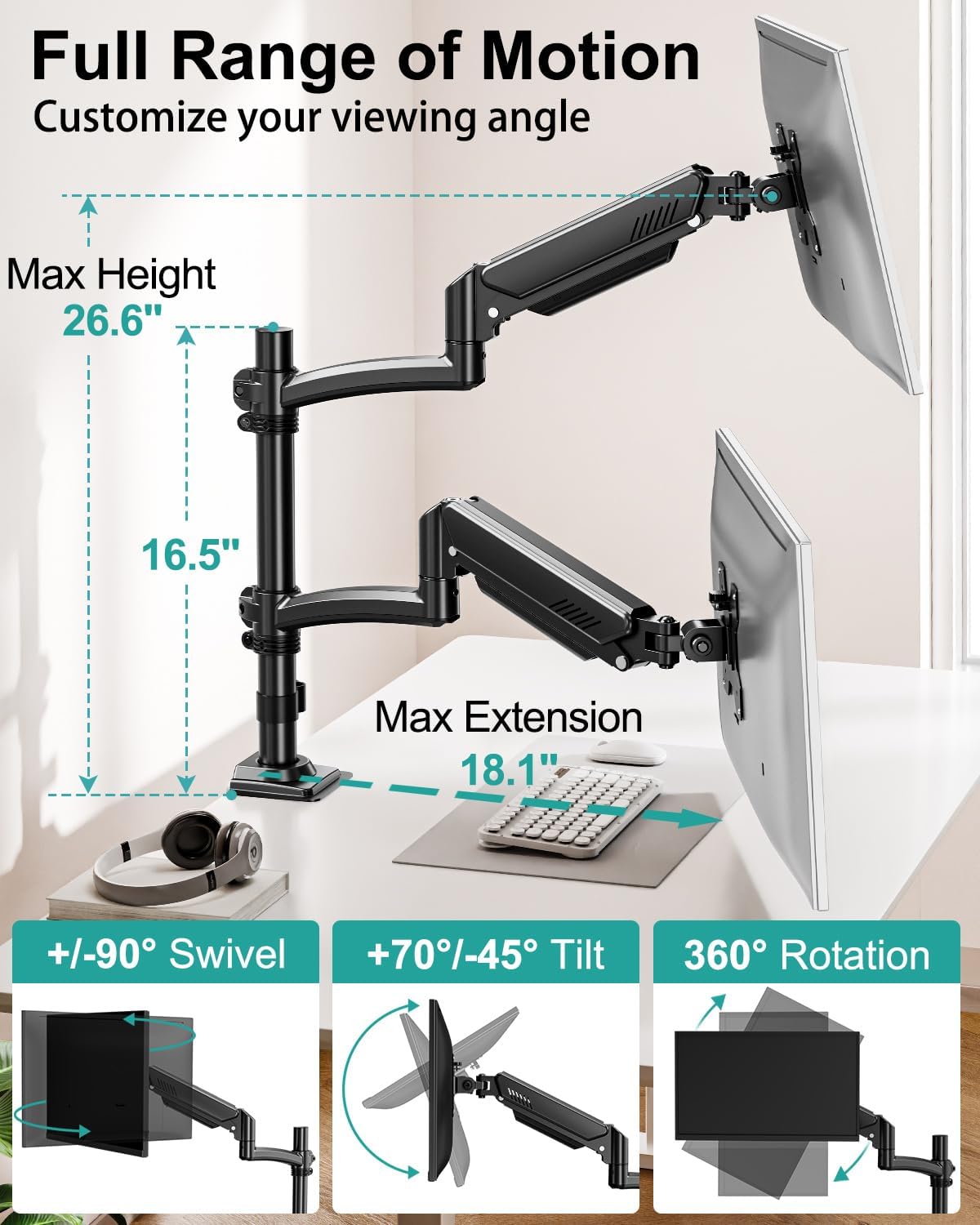 Dual Monitor Stand for Desk, Taller Monitor Arms for 2 Screens up to 32 inch, Ergonomic Adjustable Gas Spring Double Computer Monitor Mount, Holds 4.4-22lbs, VESA 75/100mm, Black, Freelift