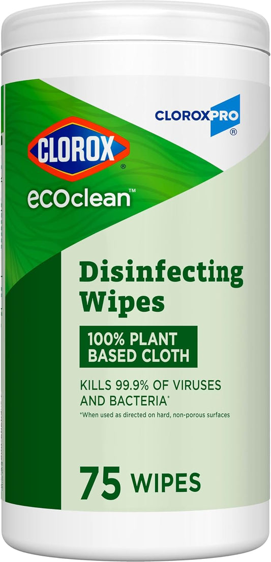 CloroxPro Clorox EcoClean Disinfecting Wipes, Multipurpose 100% Plant Based Cleaning Cloths, Antibacterial Disinfectant, Safe for Multi Surface Use, 75 Count