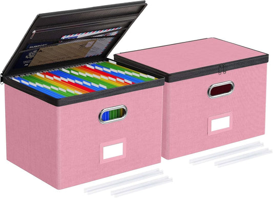 Oterri 2 Pack Large File Organizer Boxes with Lids, File Box with Mesh Pockets, Document Organizer Box for Legal/Letter Size Folders, Zippers Important Document Organizer (Pink, Without Folders)