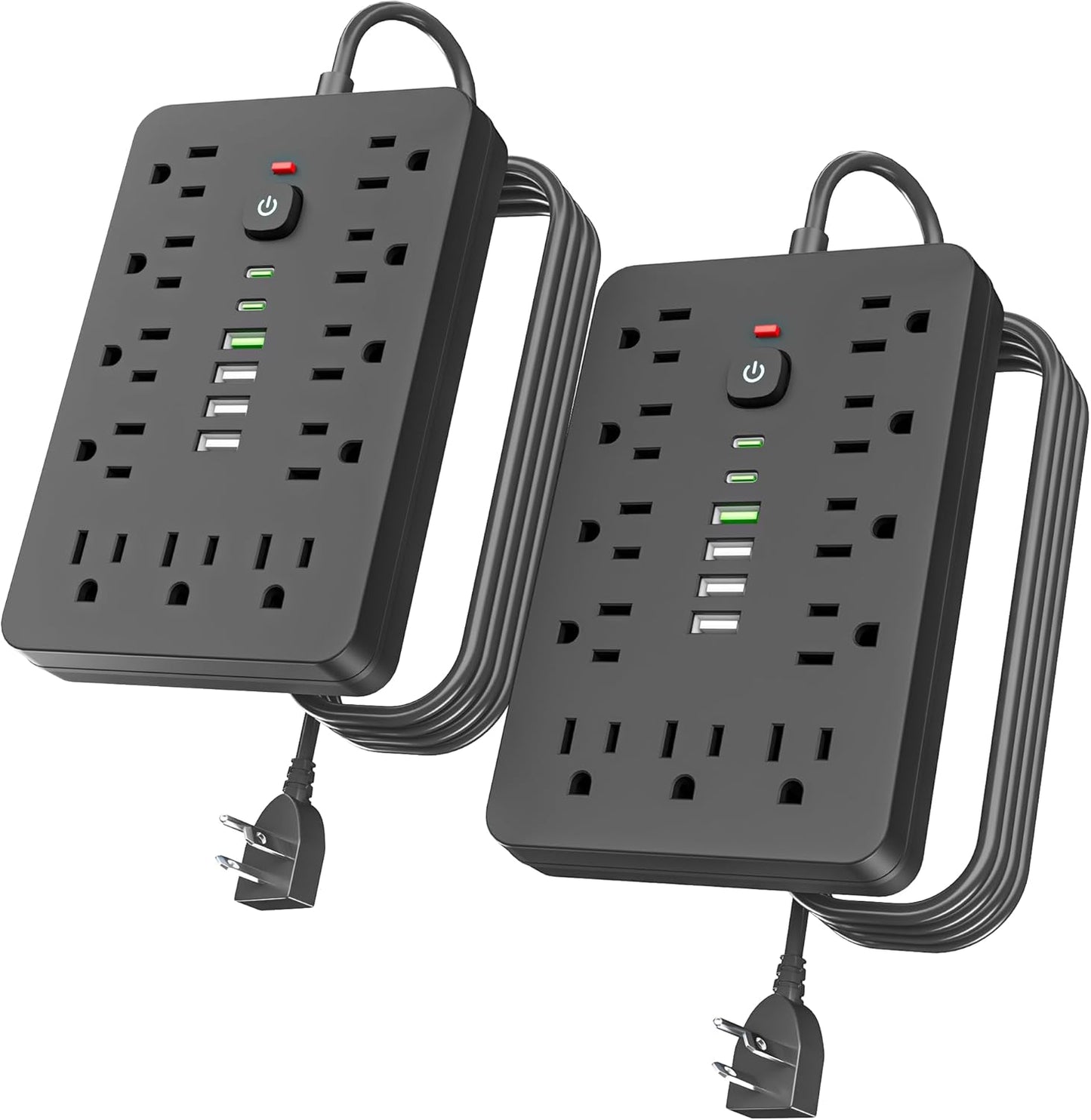 2PCS 6 FT Flat Plug Surge Protector Power Strip,11 Multiple AC Outlets with 6 USB Ports (2 USB C), 6 Feet Extension Cord, 1250W/10A, One Touch Switch Button, 17 in 1 Compact powerstrip