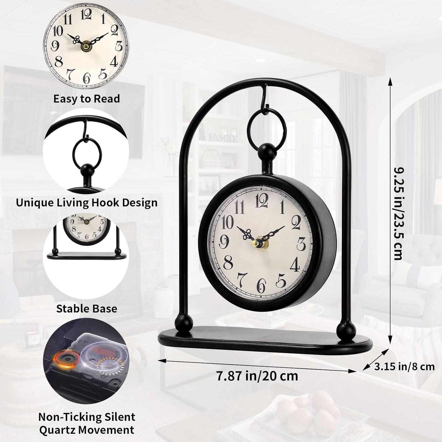 Vintage Metal Table Clock, Farmhouse Table Clock, Small Black Silent Non-Ticking Battery Operated Desk and Shelf Clocks for Home Kitchen Living Room Bedroom Decor