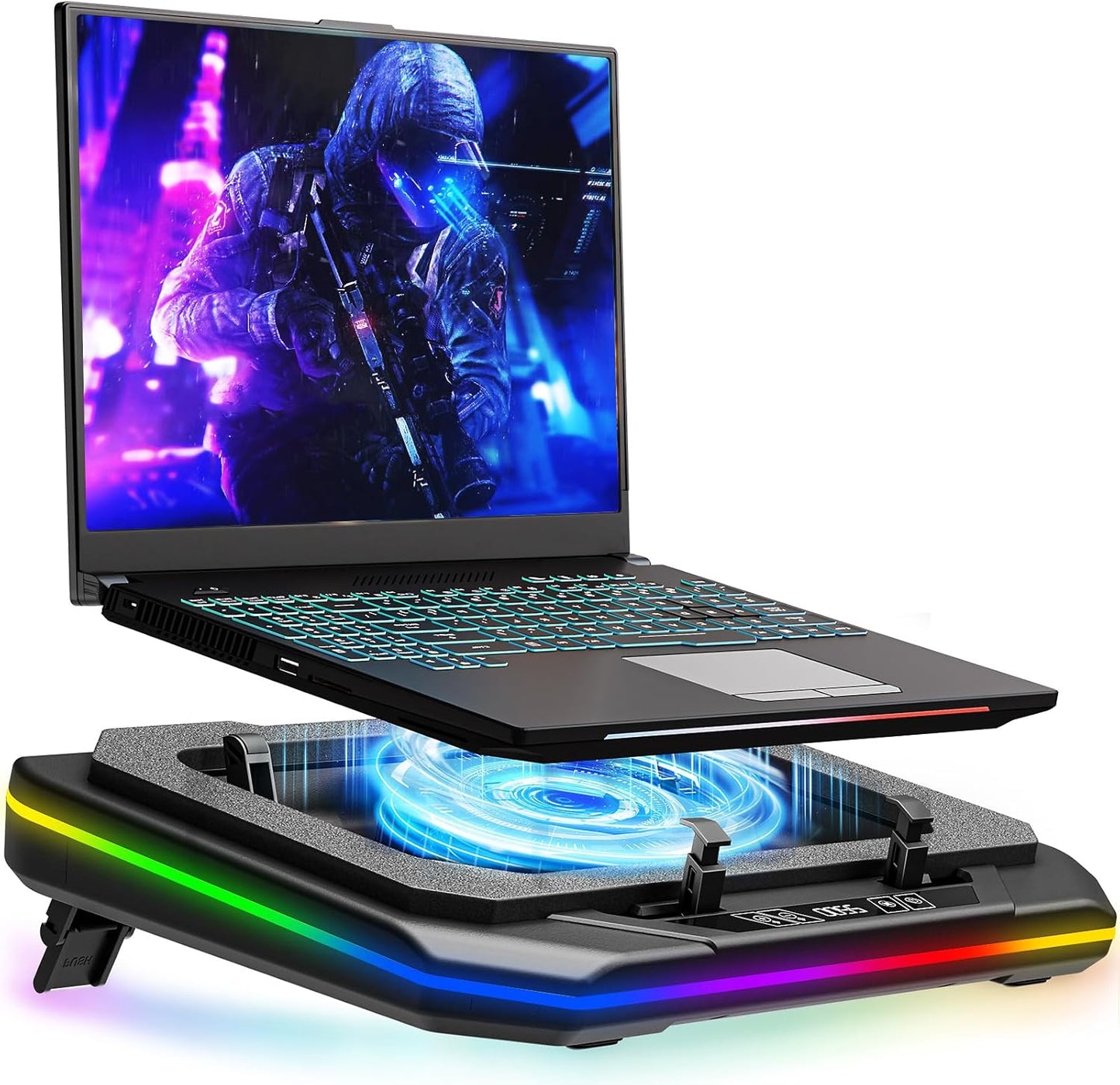 MOUNT PRO Gaming Laptop Cooling Pad, RGB Laptop Cooler Stand with Powerful Turbofan (3500 RPM), Height Adjustable Laptop Fan Cooling Pad for 13-19 Inches Notebook, with Sealed Foam, Touch Control