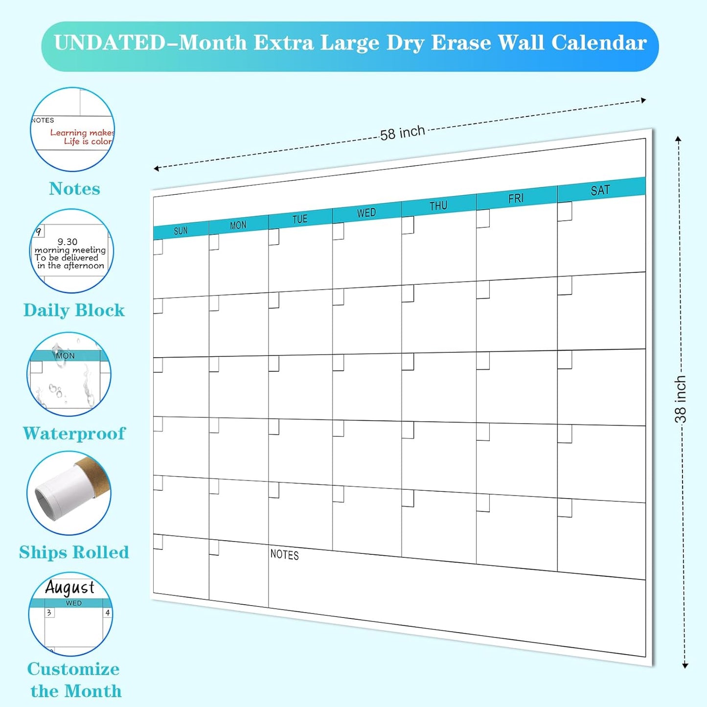 Dry Erase Calendar for Wall - 38" x 58" Extra Large White Board Calendar, One Month Undated Blank Daily Planner, Reusable Laminated 30-Day Task Organizer for Office, Classroom, Home(No Creases)