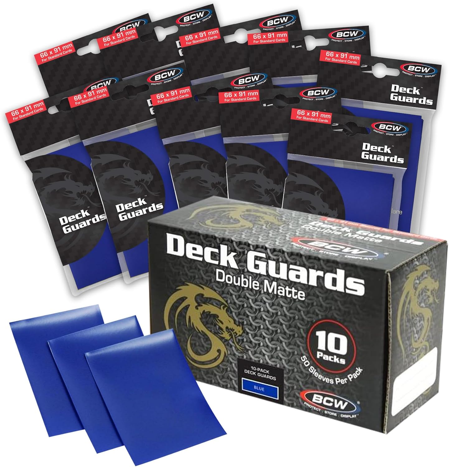 BCW Deck Guard - Double Matte Card Sleeves | 500 Count Box (10 Packs of 50 Sleeves) |Acid-Free, No PVC | Fits 2.5" x 3.5" Game Cards | Archival Safe Sleeves for Card Protection (Blue)